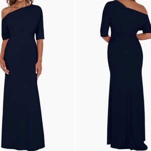 Betsy & Adam Midnight Blue Off-Shoulder Maxi Dress